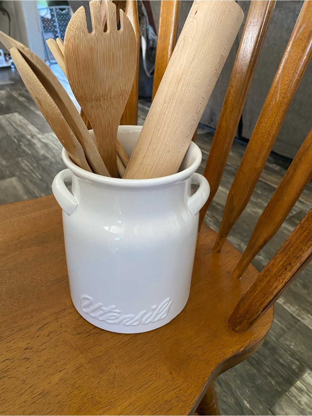White Ceramic Utensil Crock - Kitchen Counter Organizer with wooden utensils